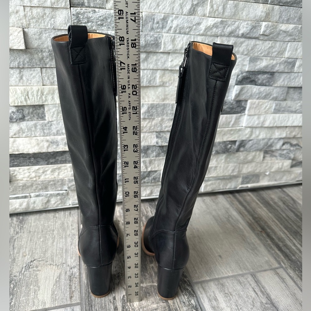 Bill Blass Anthropologie Black Monogram Leather Knee High Block Heel Boots 8.5 - Picture 10 of 12